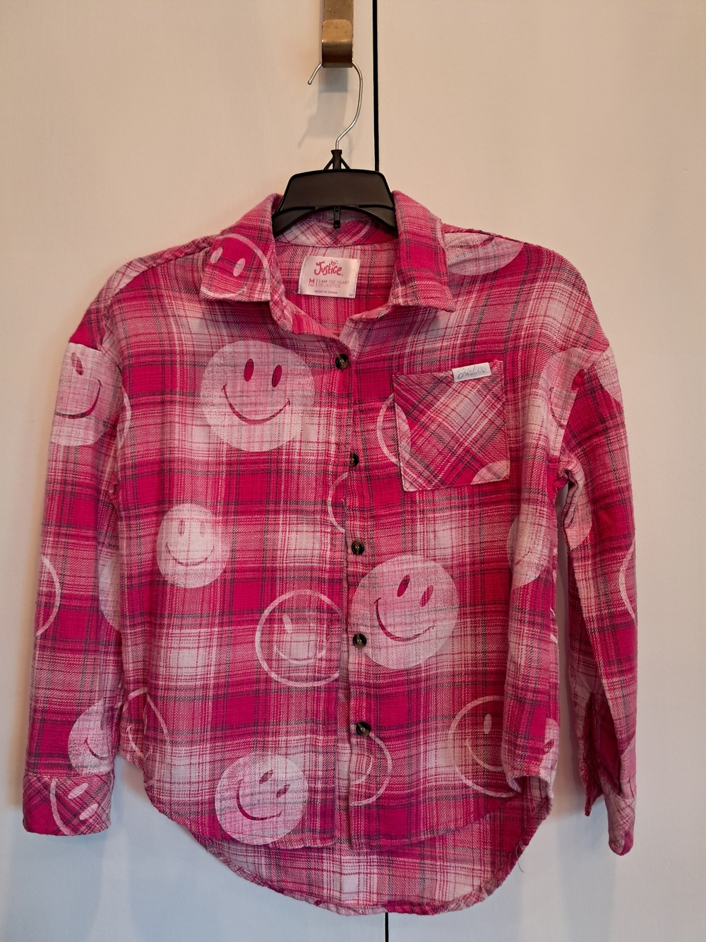 Justice Pink Plaid Smile Print Button-Up Shirt - Kids